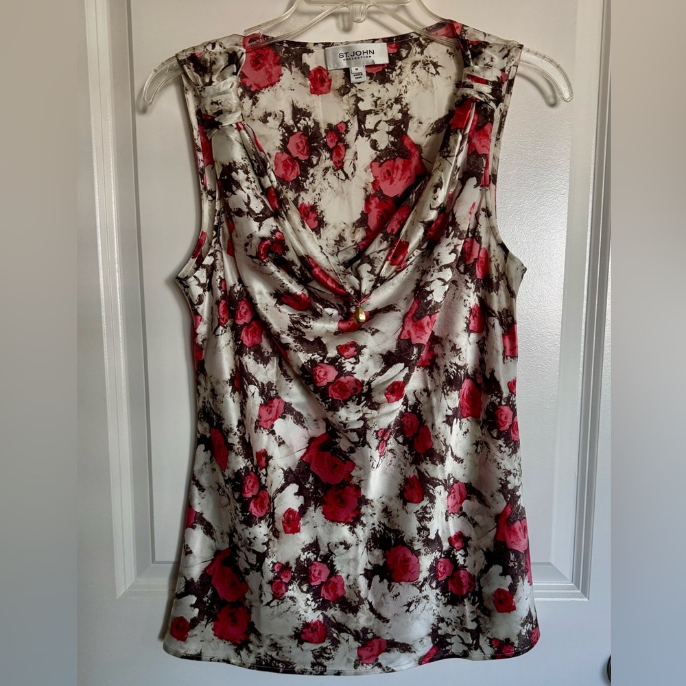 St. John Collection -Cowl neck silk blouse - Red floral - Size M
